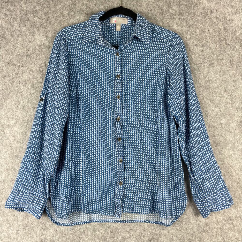Tina Stephens Top Womens Small Blue Geometric Patterned Button Up Roll Tab Rayon
